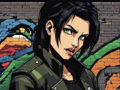 vector art,portrait background,vector illustration,comic style,edit icon,mina bird,harley,vector girl,green eyes,kosmea,mobile video game vector background,evil woman,ren,goth woman,nico,raven rook,vector graphic,yukio,reptile,punk,Unique,Pixel,Pixel 01