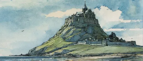 Lindisfarne by Fiona Carvell,mont saint michel,watercolour,mont st michel,watercolor sketch,watercolor,castle of the corvin,castles,water castle,castle bran,dunun,summit castle,castel,watercolors,jrr 