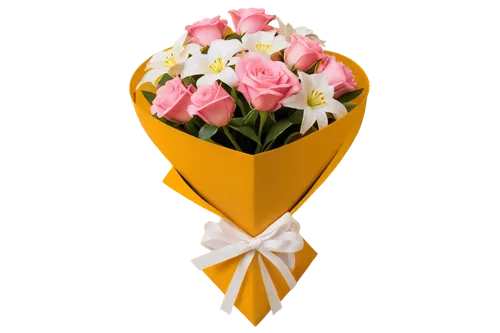 Colorful flowers, bouquet, pink roses, white lilies, yellow daisies, chocolates, heart-shaped box, golden wrapping paper, delicate petals, soft focus, 3/4 composition, warm lighting, shallow depth of 