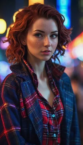 An image of a woman standing straight on, head turned slightly to her left, looking directly into the camera with a confident yet curious expression. She has dark brown, wavy hair and fair skin with n