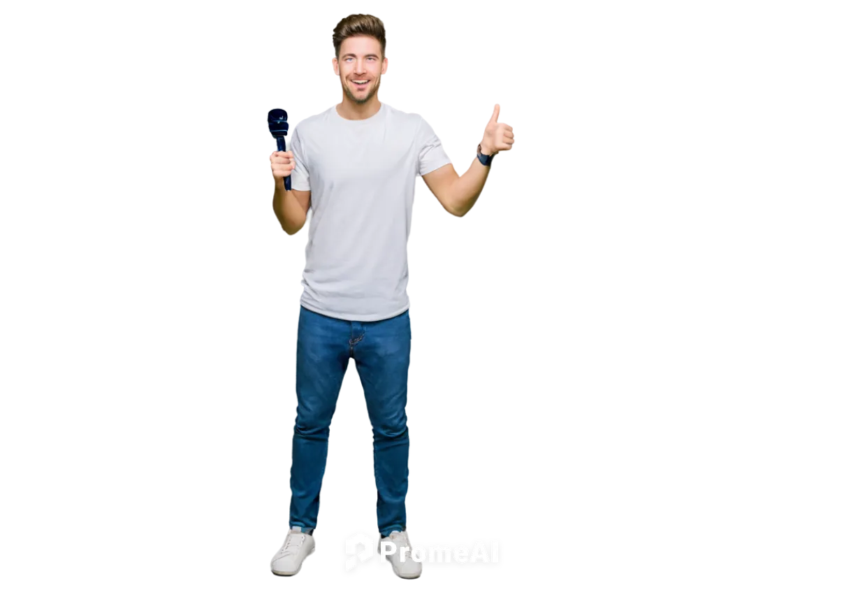 YouTuber, vlogger, young adult, male, casual wear, white shirt, blue jeans, sneakers, holding microphone, enthusiastic facial expression, energetic pose, thumbs up, friendly smile, natural light, shal