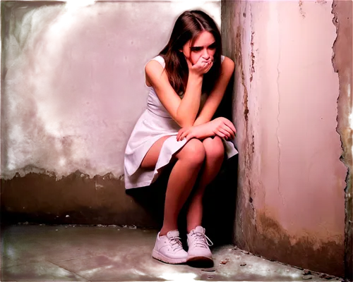 frightened girl, solo, pale skin, tears in eyes, messy brown hair, simple white dress, torn stockings, sneakers, crouching, hiding behind wall, dim lighting, high contrast, cinematic composition, shal