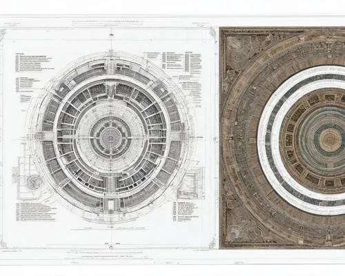 add more small circular temple plans in detail. hyperdetail with dimension and callout texts and drafting all texts in the sheet,two architectural diagrams of a building with various sections of the b