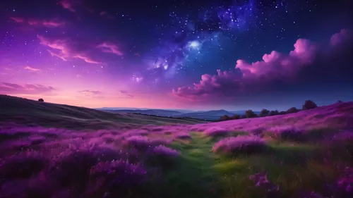 purple landscape,colorful stars,colorful star scatters,fairy galaxy,wall,purple,fantasy landscape,purple wallpaper,landscape background,lavender field,cosmos field,night sky,milky way,lavender fields,fantasy picture,purple and pink,astronomy,star sky,nightsky,the milky way,Photography,General,Fantasy