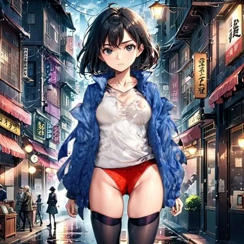 an anime character is wearing a red and white panties and blue jacket,shimei,niijima,nanako,mizuhara,hiratsuka,akiba