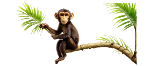 Palm tree, tropical, slender trunk, green fronds, swaying gently, monkey, small, cute, brown fur, big eyes, climbing, sitting on branch, holding palm fruit, bright sunlight, warm color tone, soft focu