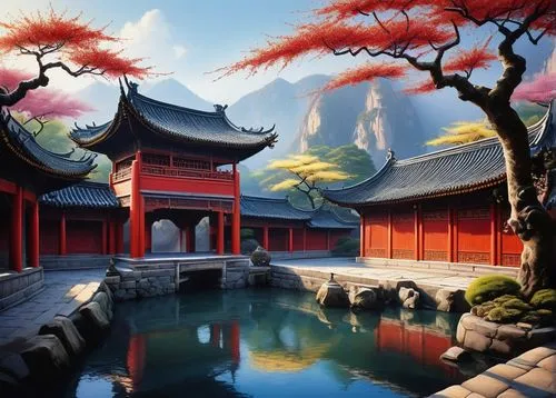 asian architecture,heian,hall of supreme harmony,oriental,dojo,oriental painting,cartoon video game background,teahouses,landscape background,hanging temple,buddhist temple,qingcheng,teahouse,lotus pond,japan landscape,wudang,roof landscape,tianxia,world digital painting,qingming,Illustration,Vector,Vector 09