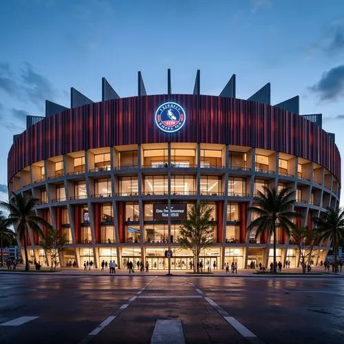 Monumental stadium facade, angular structuralist architecture, cantilevered roofs, exposed steel beams, concrete columns, ribbed textures, geometric patterns, vibrant team colors, dynamic LED lighting