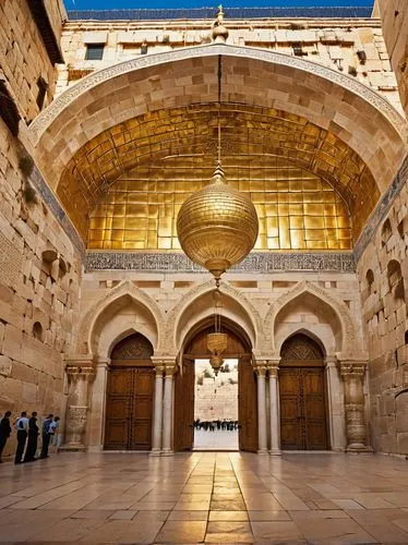 Western wall, Jerusalem, golden dome, intricate stone carvings, Hebrew inscriptions, ornate wooden doors, stained glass windows, grand chandeliers, cream-colored stones, ornamental arches, solemn atmo