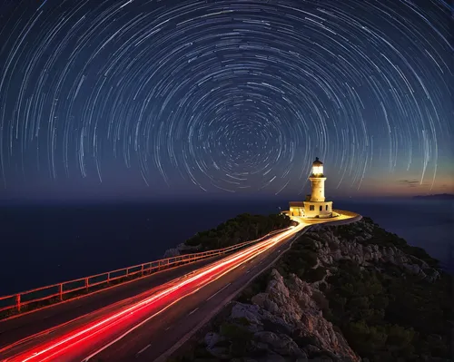 Car light trails, Cap Formentor lighthouse, Majorca, Balearic Islands, Spain, Mediterranean, Europe,star trails,star trail,light trail,light trails,lighthouse,cap de formentor,long exposure,star of th