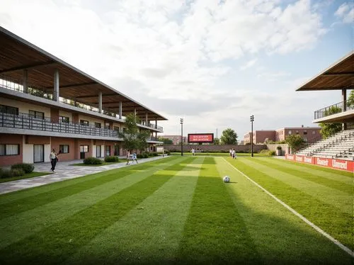 Minimalist sports fields, lush green grass, subtle earthy tones, weathered wood bleachers, sleek metal goalposts, vibrant team colors, bold typography, natural stone pathways, rustic fences, open skie