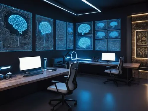 Cognitive architecture, instructional design, DOI, futuristic laboratory, sleek metallic walls, neon blue lights, holographic screens, virtual reality headset, brain-computer interface, neural network