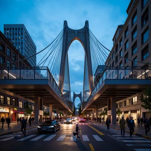 Sleek pedestrian bridge, modernist design, steel arches, cable-stayed structure, suspension cables, minimalist piers, weathered steel surfaces, industrial aesthetic, urban landscape, city skyline, bus