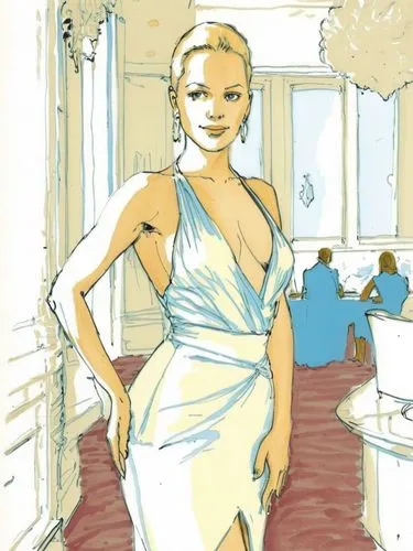 simple drawing of a woman with blonde hair in a dress near a window,a lady with a very big  stands in the kitchen,siriano,art deco woman,fashion vector,a floor-length dress,evening dress,vintage illus