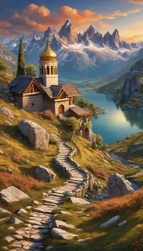 alpine landscape,mountain settlement,fantasy landscape,alpine village,mountain scene,mountain landscape,landscape background,mountain village,mountainous landscape,seregil,gondolin,beleriand,fantasy picture,house in mountains,alpine region,nargothrond,church painting,home landscape,meteora,erebor,Illustration,Realistic Fantasy,Realistic Fantasy 43