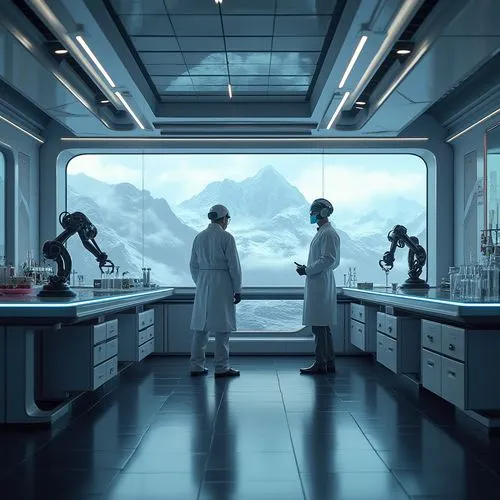 Futuristic laboratory, mountainous scenery, snow-capped peaks, misty atmosphere, neon lights illuminating, sleek metallic walls, glass ceilings, minimalist decor, modern equipment, holographic screens