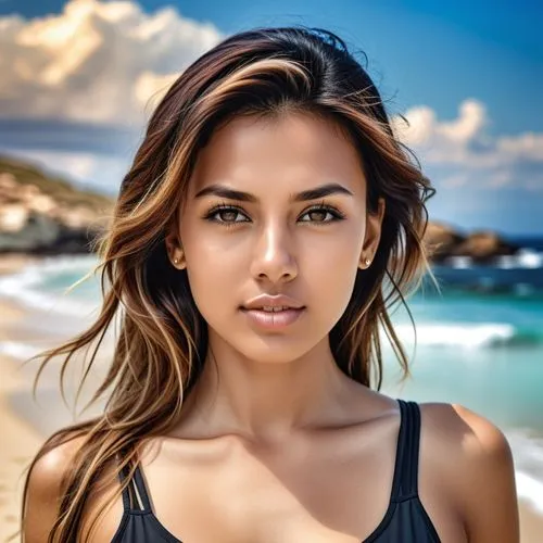 a woman with her eyes half closed at the beach,guamanian,beach background,polynesian girl,hispaniolan,tahitian,marshallese,Photography,General,Realistic