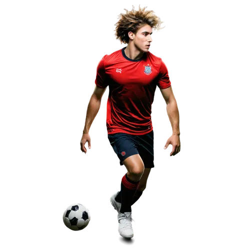 Stadium background, soccer player, dynamic pose, muscles, athletic wear, sneakers, soccer ball, sweat, messy hair, intense expression, low-angle shot, dramatic lighting, warm color tone, shallow depth