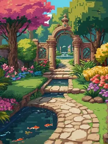 springtime background,cartoon video game background,spring background,pathway,oasis,arbor,pixel art,nature garden,flower garden,idyllic,fairy village,wishing well,rose arch,japanese sakura background,background with stones,spring garden,garden pond,landscape background,fairy world,gardens,Unique,Pixel,Pixel 04