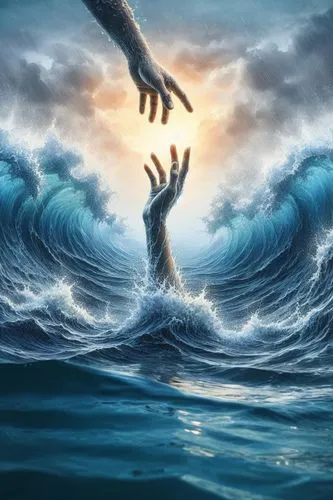 there is a hand touching soing out in the water,god of the sea,tidal wave,hand digital painting,the people in the sea,charybdis,sea god