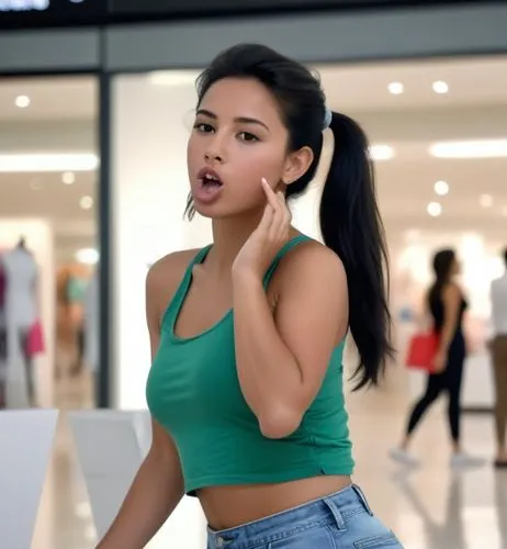 The beautiful Moroccan girl with the black hair in a ponytail is shopping in the mall.  She wears a green tank top and a short denim skirt.  On her feet are white sneakers.  And she blows a kiss., tal