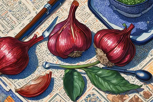 Create a thrilling detective story where a rare red garlic holds the key to solving a mysterious murder.,still life with onions,persian onion,colored pencil background,garlic cloves,red garlic,figs,ba