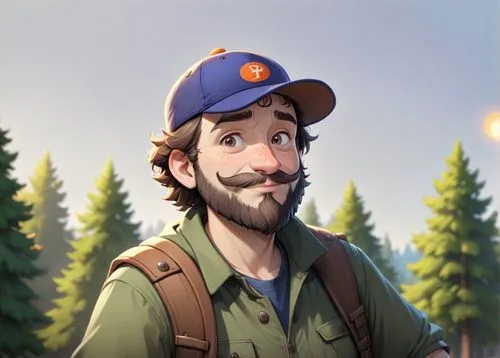 A 45 year old man, he is a forester, he is wearing an orange cap with a logo on it, his beard is chesnuts colored, he is wearing forester clothes green and brown colored, he has a few rickles on his f