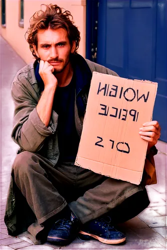 Homeless person, dirty clothes, worn-out shoes, tattered backpack, messy hair, unshaven face, sad eyes, sitting on sidewalk, hands holding a cardboard sign, morning light, shallow depth of field, warm