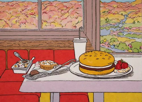 hamburger set,still life with jam and pancakes,hamburger plate,cream tea,hamburger,tearoom,summer still-life,retro diner,burgers,roy lichtenstein,breakfast table,hamburgers,still-life,big hamburger,burger,diner,dining,mcdonald,cheeseburger,still life,Illustration,Children,Children 05