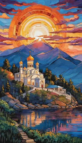 khokhloma painting,crimea,greek orthodox,church painting,ottoman,ukraine,panoramic landscape,temple of christ the savior,sochi,monastery,art painting,macedonia,russian folk style,bulgaria,kyrgyzstan som,caucasus,kremlin,marble palace,tatarstan,russia,Illustration,Realistic Fantasy,Realistic Fantasy 43