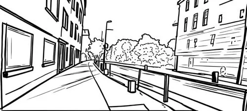 an ink - drawing of a street lined with buildings,mono-line line art,narrow street,animatic,storyboard,alleyway,vanishing point,Design Sketch,Design Sketch,Rough Outline