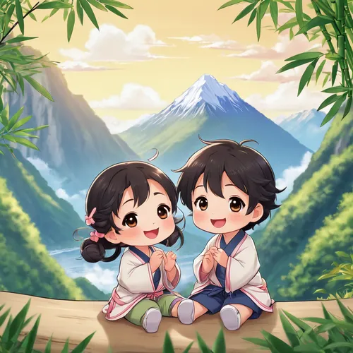 hiyayakko,rice mountain,mountain scene,yamada's rice fields,rice paddies,mountain hiking,hot spring,mountain,chibi children,girl and boy outdoor,cherry trees,japanese mountains,rice fields,mountain world,mountain spring,ricefield,kawaii children,fuji,mount scenery,cherry blossoms,Illustration,Japanese style,Japanese Style 01