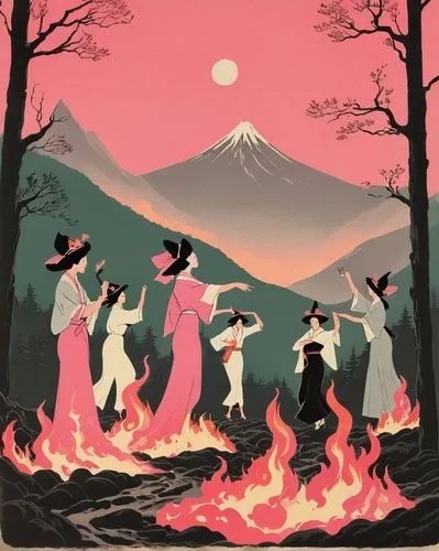 celebration of witches,walpurgis night,the night of kupala,fuji,volcanos,witches,mount fuji,cool woodblock images,volcano,dance of death,fire dance,fuji mountain,volcanoes,campfires,mt fuji,fujiyama,fire mountain,stratovolcano,fire in the mountains,fire land,Illustration,Japanese style,Japanese Style 08