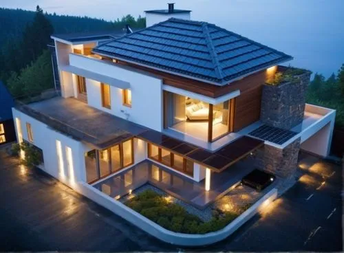 Change  a concrete road,modern house with a nice lighting design in the dark,roof landscape,house roof,roof tile,tiled roof,slate roof,folding roof