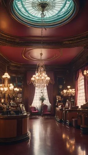 Interior of Charles Phillips Antiques & Architecturals, luxurious Victorian-style store, warm lighting, ornate chandeliers, rich wood paneling, intricately carved wooden shelves, antique furniture, vi