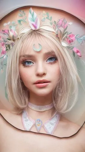 A beautiful girl with flowers in her hair,doll's facial features,doll looking in mirror,female doll,porcelain dolls,artist doll,vintage doll,porcelaine,realdoll,painter doll,clay doll,doll head,fashio