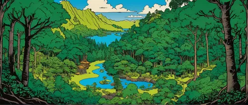 Create a map of Avatar in a peaceful and lush forest setting.,cartoon forest,the forests,fairy forest,acid lake,forests,the forest,fairy world,travel poster,swamp,rainforest,studio ghibli,fjäll,lake t