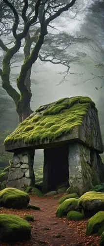 Ancient dolmen, mysterious atmosphere, granite stones, moss-covered, weathered, rugged texture, overgrown with vines, solitary, rural landscape, misty morning, soft golden light, dramatic composition,