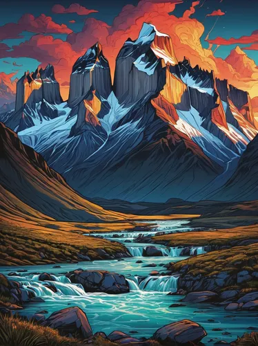 torres del paine,baffin island,patagonia,torres del paine national park,denali,mountain landscape,glacial landform,mountainous landscape,mountain tundra,mountain scene,giant mountains,mountains,glacial melt,mountainous landforms,mountain range,mountain sunrise,glaciers,the landscape of the mountains,kirkjufell,alaska,Illustration,Realistic Fantasy,Realistic Fantasy 25