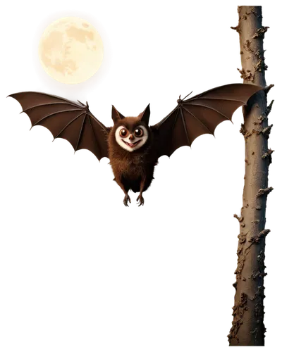 Free bat, nocturnal animal, wings spread wide, flying pose, dark brown fur, large eyes, fangs, sharp claws, perched on branch, moonlight illumination, soft focus, 3/4 composition, warm color tone.,a p