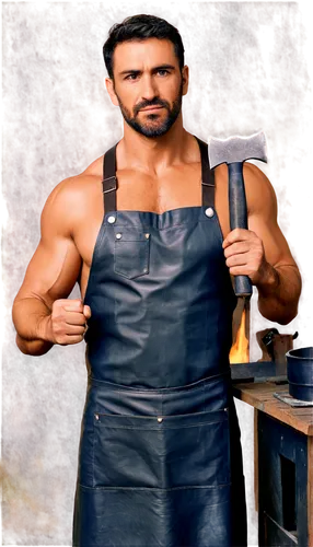 Hephaestus, muscular man, blacksmith, rugged beard, messy hair, leather apron, hammer in hand, sweaty chest, strong arms, metal workshop, industrial background, warm lighting, shallow depth of field, 