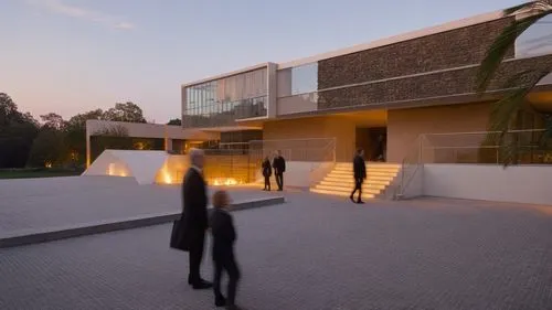 minimum light 
,people are walking towards a building at dusk,modern house,dunes house,siza,dinesen,modern architecture,serralves,amanresorts,seidler,cubic house,champalimaud,cube house,eisenman,archi