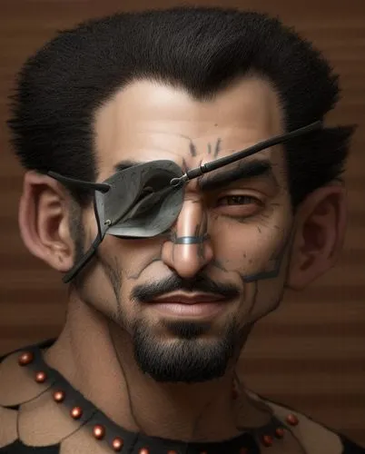 A black-haired man with a goatee wearing an eyepatch,shimada,male character,male elf,yi sun sin,samurai,wuchang,goatee,3d man,yukio,the emperor's mustache,xing yi quan,half orc,haegen,samurai fighter,