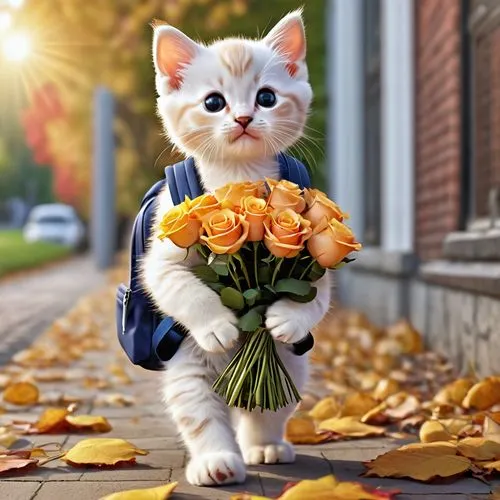 flower delivery,flower cat,cute cat,with a bouquet of flowers,holding flowers,autumn bouquet,Photography,General,Realistic