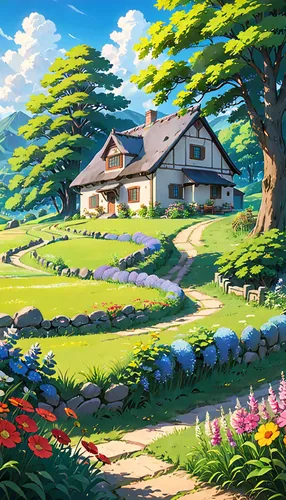 a house in the middle of a field with flowers, anime countryside landscape, beautiful anime scenery, anime nature, beautiful anime scene, anime scenery, anime landscape, anime nature wallpap, anime be