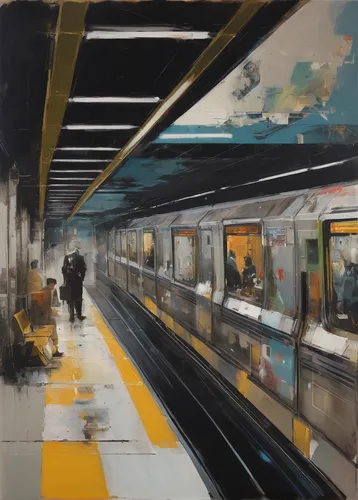 yellow line,skytrain,subway station,hollywood metro station,early train,sky train,the girl at the station,last train,commuting,transit,trains,commute,metro station,metro,train way,stations,train,commuter,subway,subway system,Conceptual Art,Oil color,Oil Color 01