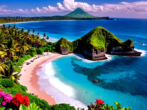 Bali Island, tropical landscape, palm trees, volcanic beach, crystal clear turquoise water, coral reef, rocky coastline, lush green vegetation, exotic flowers, sunny day, dramatic clouds, aerial view,