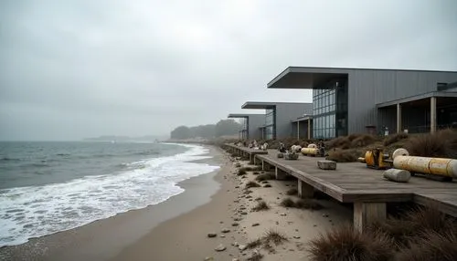 Wave-crashing coastline, sandy beach, weathered wooden docks, rusty nautical equipment, futuristic workshop facilities, sleek metal cladding, cantilevered roofs, minimalist glass facades, angular line