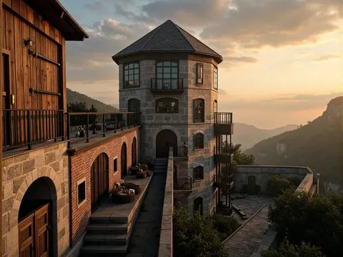 Watchtower with stone walls, narrow windows, wooden doors, iron hinges, rustic metal roofs, weathered brick fa\u00e7ades, fortified corners, elevated platforms, winding staircases, observation decks, 