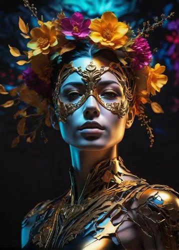 masquerade,gold mask,golden mask,golden crown,neon body painting,venetian mask,golden wreath,fantasy portrait,baoshun,automaton,light mask,diwata,amidala,gold crown,mascarade,bjork,sundancer,oshun,aura,fantasy woman,Photography,Artistic Photography,Artistic Photography 08